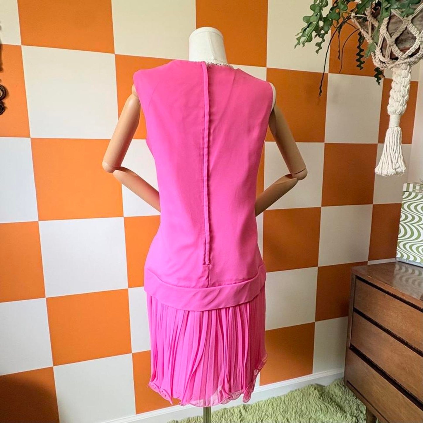 80s Vintage Hot Pink Chiffon Pleated Drop Waist Mini Dress