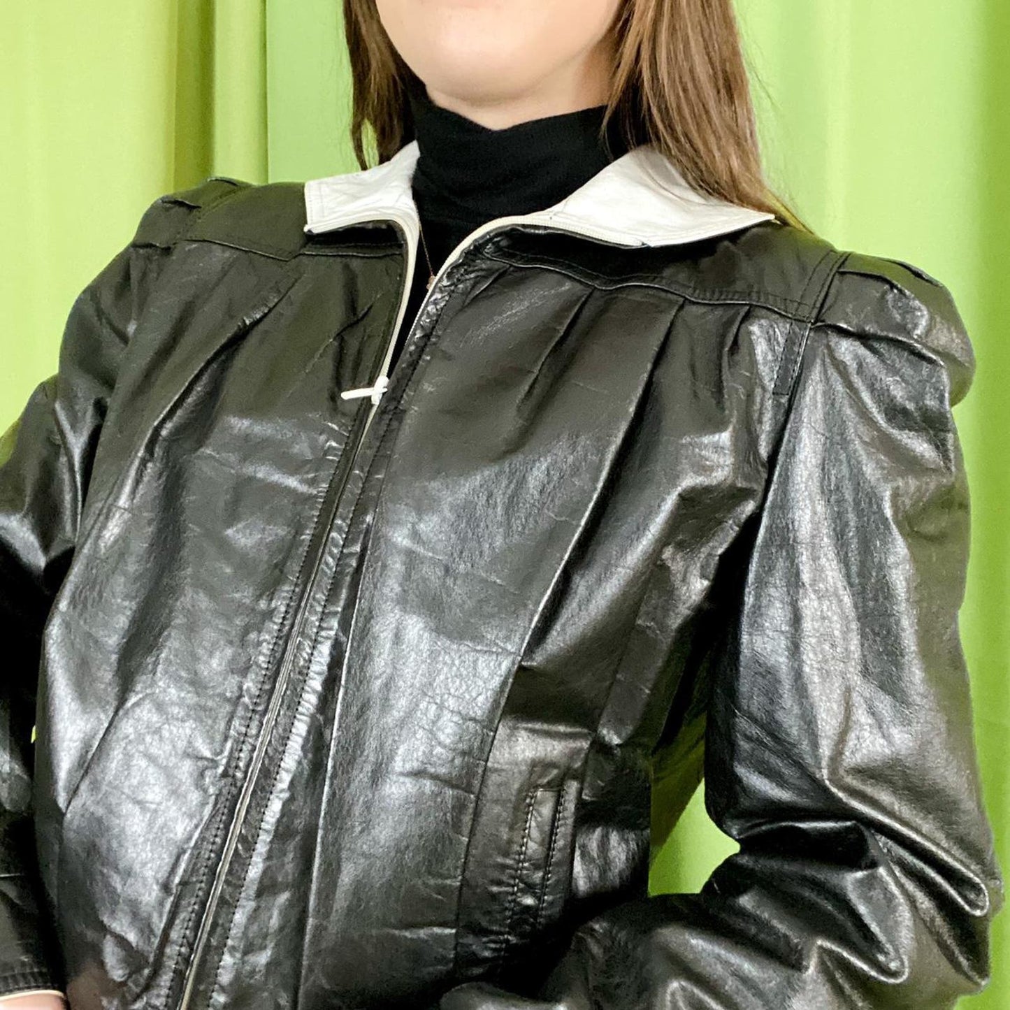 80s Vintage Black and White 100% Genuine Leather Pleated Bomber Jacket