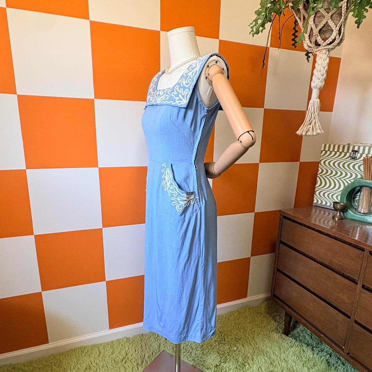 50s Vintage Sky Blue and White Ribboned Wiggle Dress with Sailor Collar