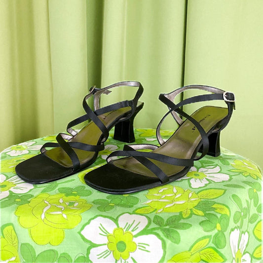 90s Vintage Black Strappy Chunky Square Toe High Heels