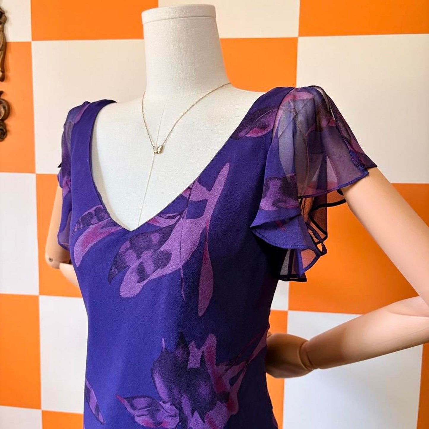 NWT Y2K Vintage Monochrome Purple Floral Print Silk Mini Flutter Sleeve Dress