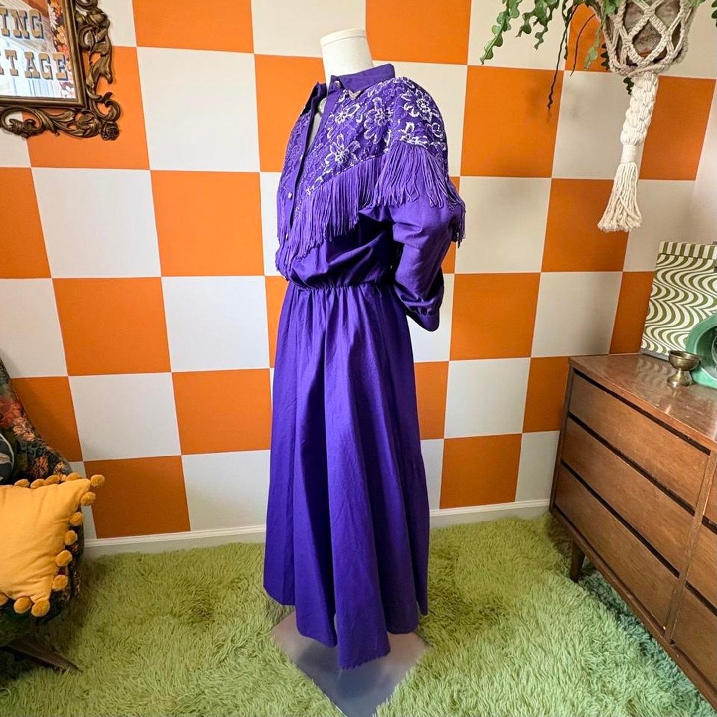 80s Vintage Purple Lace Fringe Midi Western Cowgirl Dress