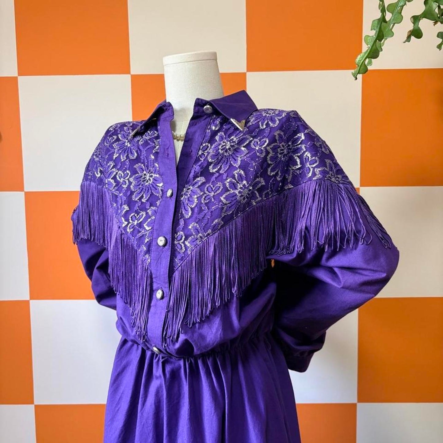 80s Vintage Purple Lace Fringe Midi Western Cowgirl Dress