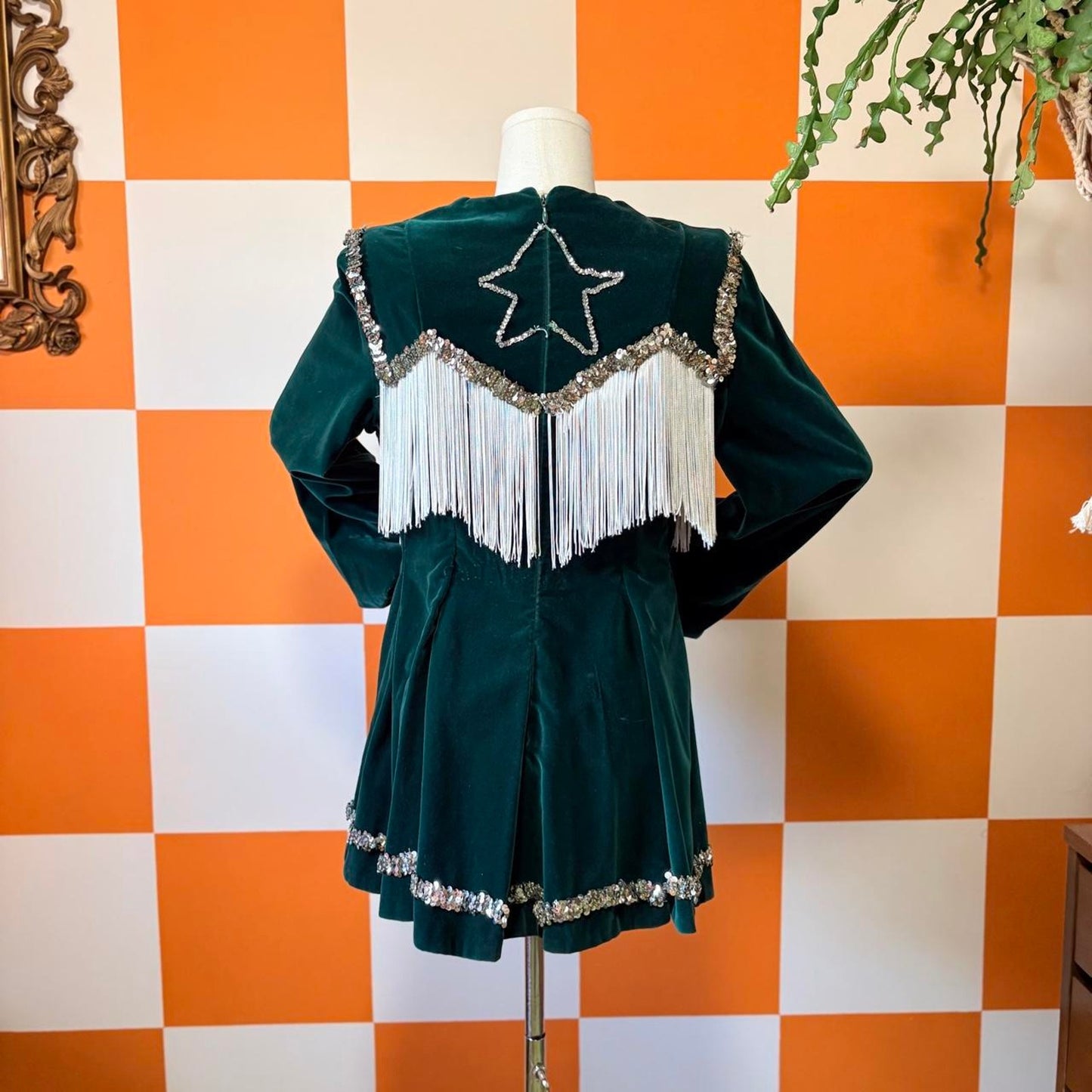 70s Vintage Emerald Green Velvet Balloon Sleeve Sequin Fringe Majorette Dress