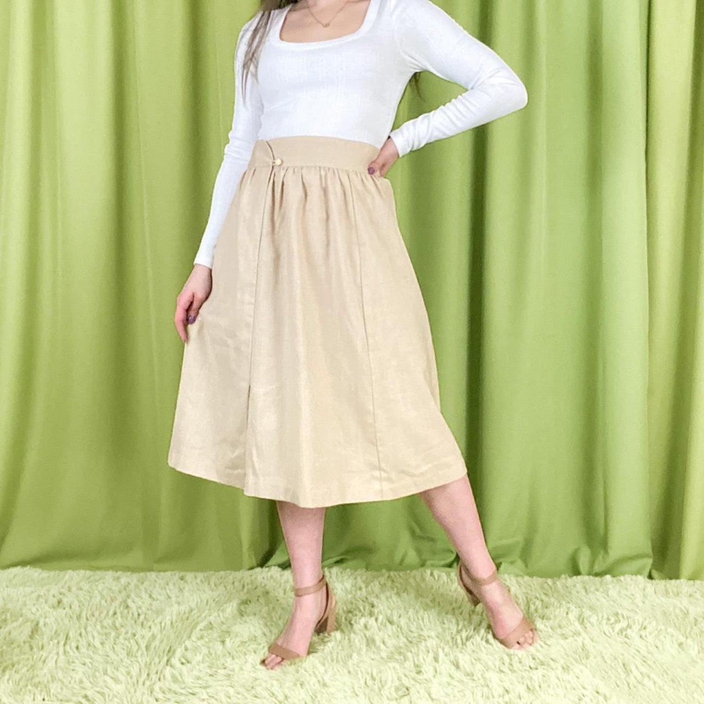 70s Vintage Beige Linen Style A Line Midi Skirt