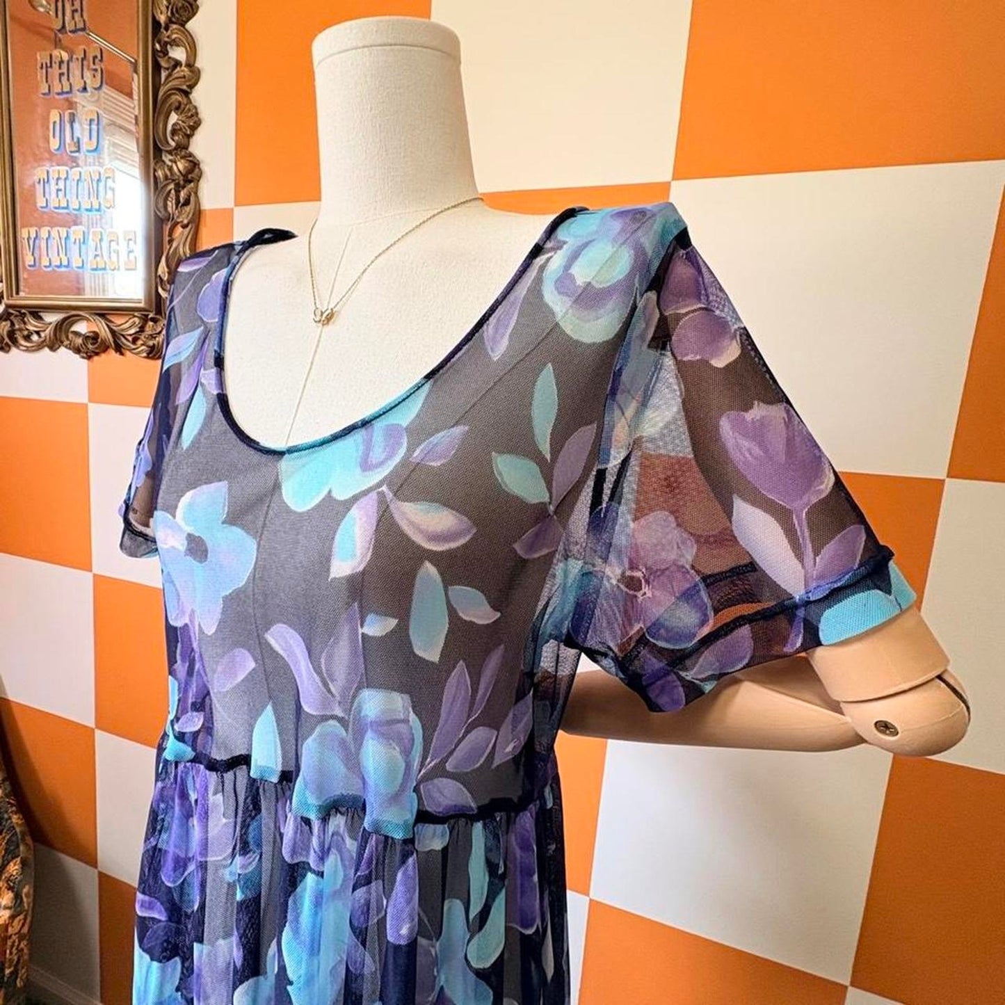 90s Vintage Monochromatic Blue Floral Print Sheer Babydoll Dress