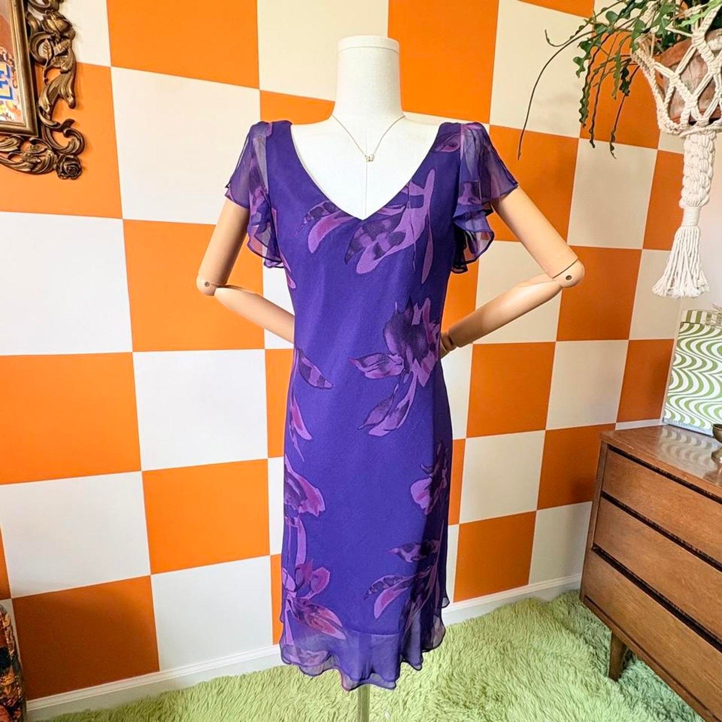 NWT Y2K Vintage Monochrome Purple Floral Print Silk Mini Flutter Sleeve Dress