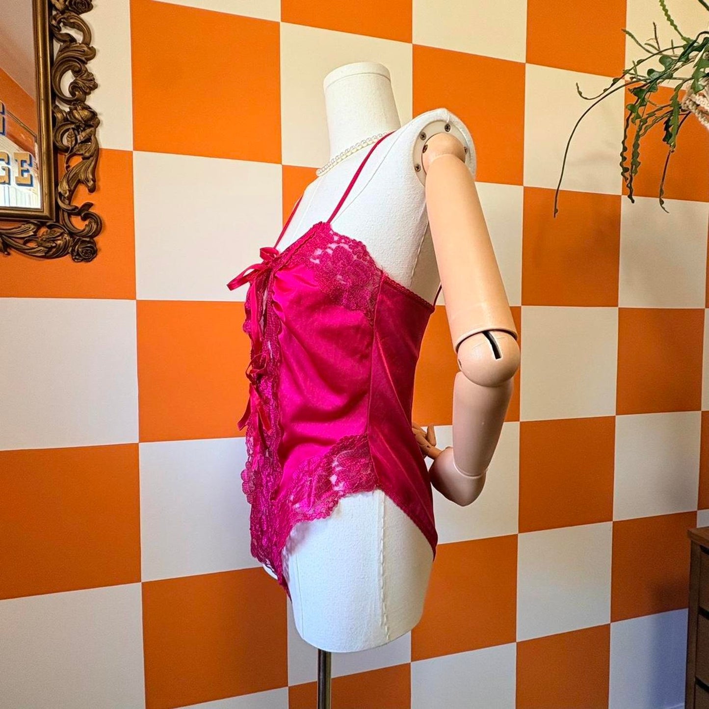 80s Vintage Hot Pink Nylon Lace Tie Front Teddy