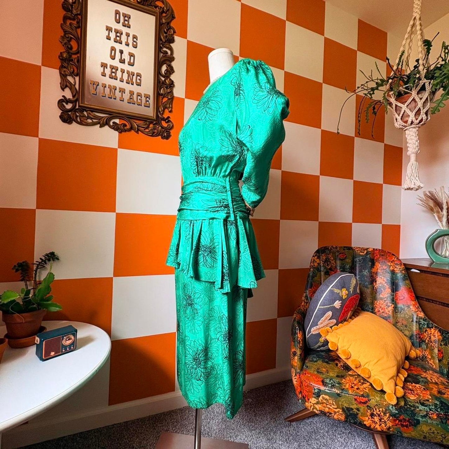 80s Vintage Kelly Green and Black Abstract Spiral Print Silk Peplum Dress