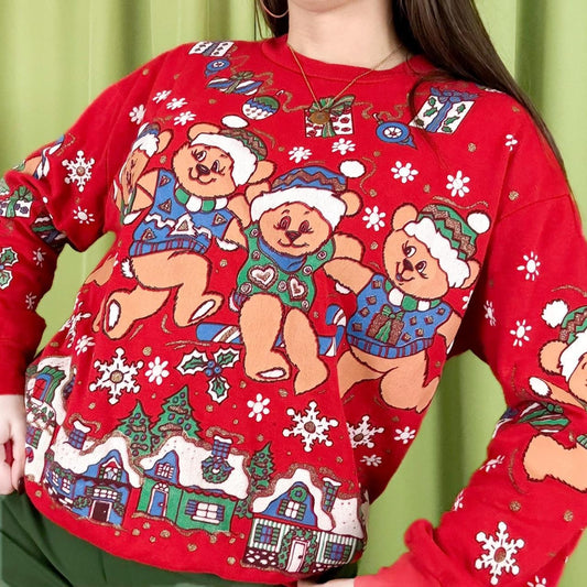 80s Vintage Red Christmas Crewneck Sweatshirt with Teddy Bears