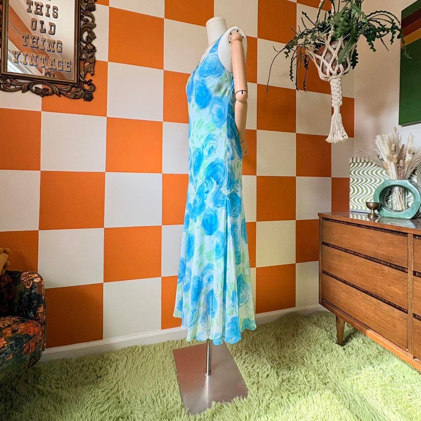Y2K Vintage Blue Floral 100% Silk Bias Cut Maxi Dress