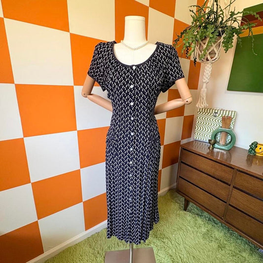 90s Vintage Navy Blue and White Bow Print Scoop Neck Shirt Dress