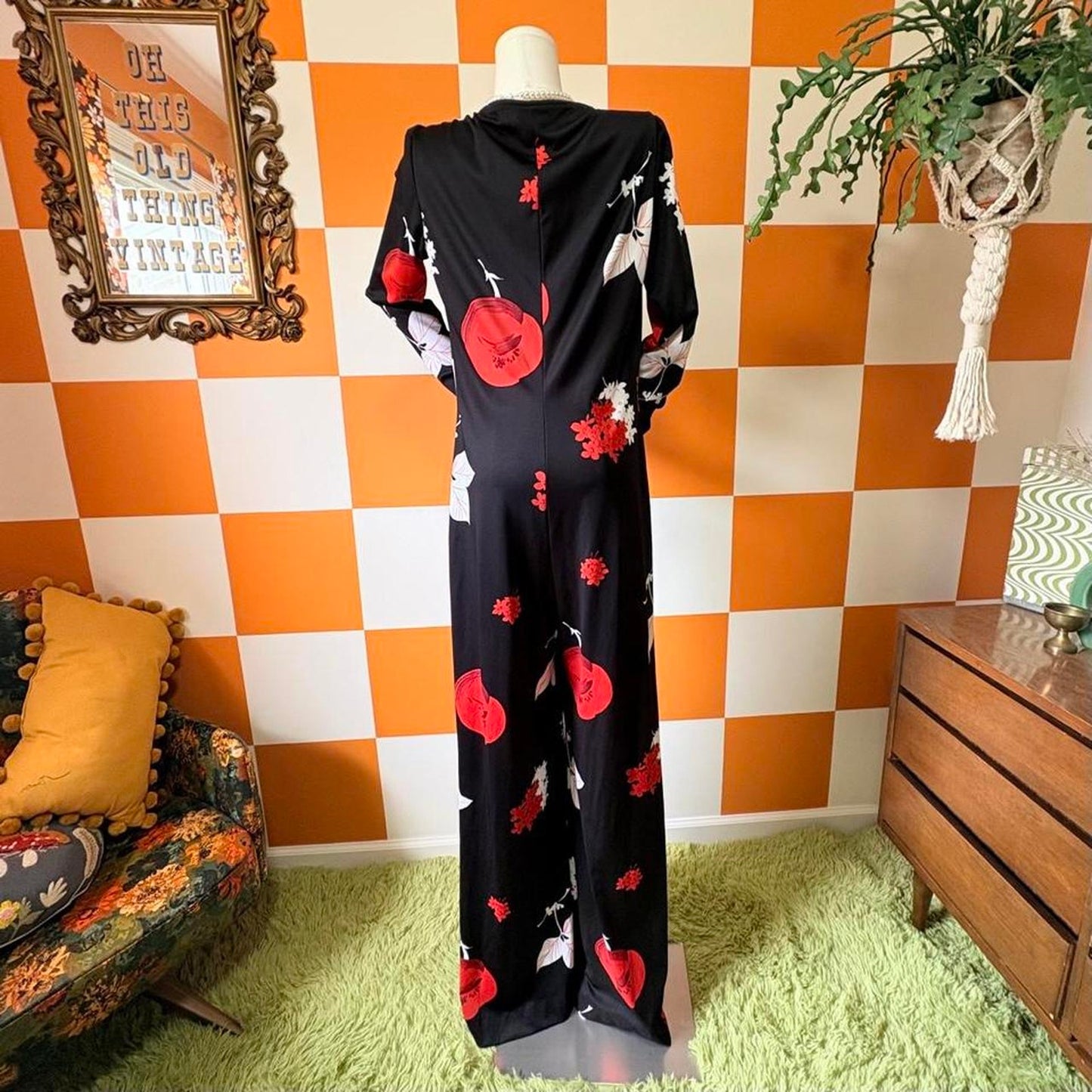 70s Vintage Black White and Red Floral Print Wide Flared Leg Jumpsuit