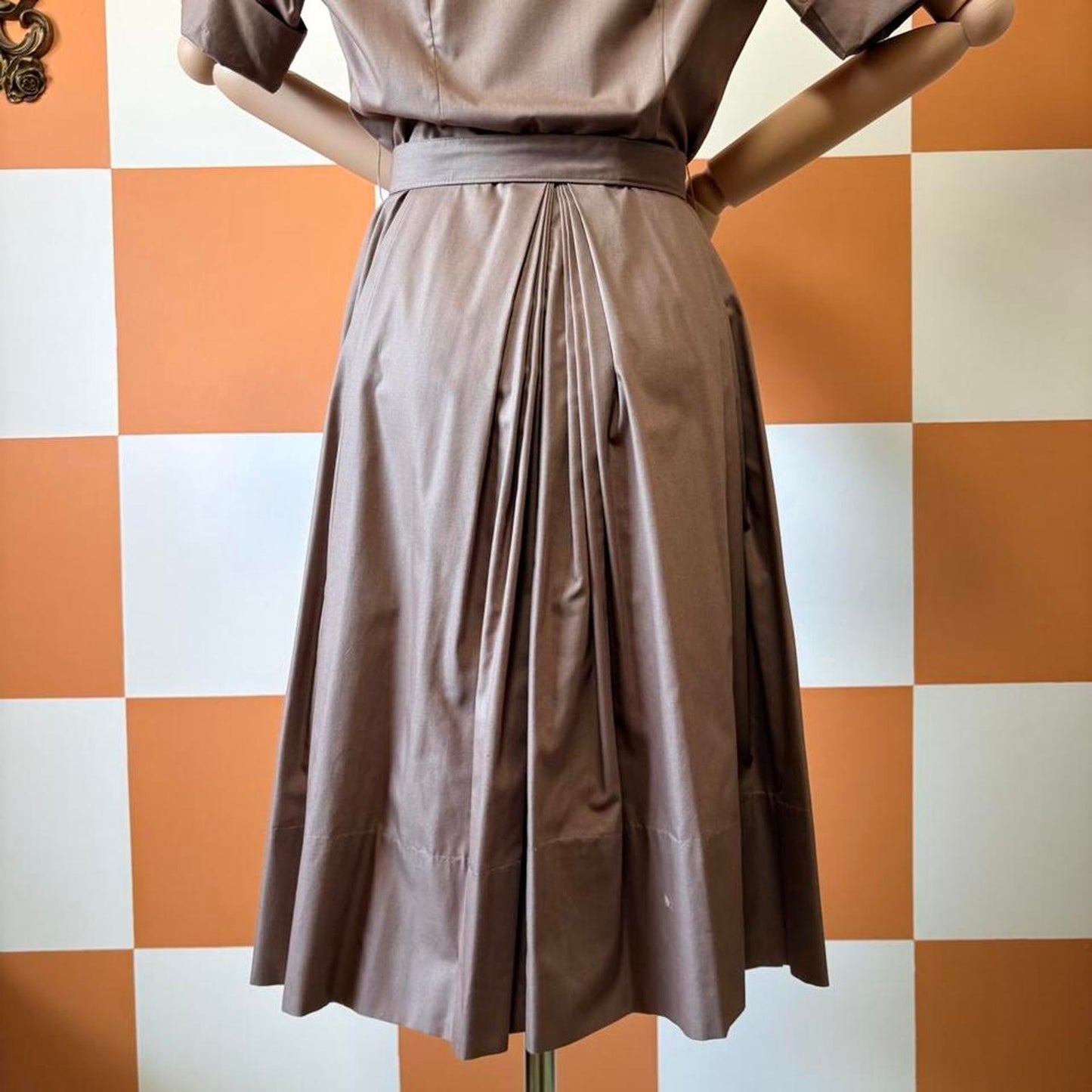 60s Vintage Chocolate Brown A Line Pleated Fit and Flare Midi Shirt Dress