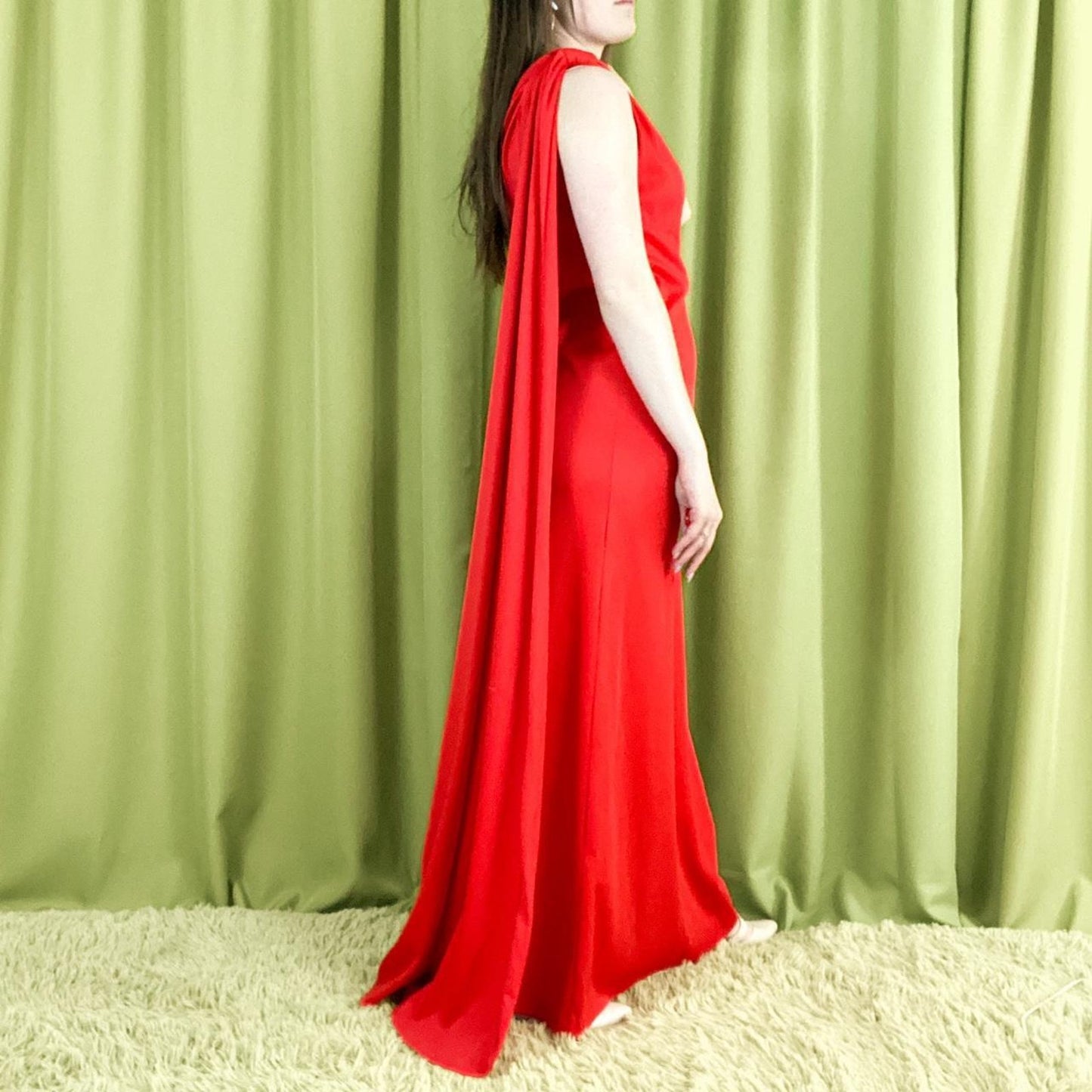 70s Vintage Red Polyester Asymmetrical Caped Floor Length Gown