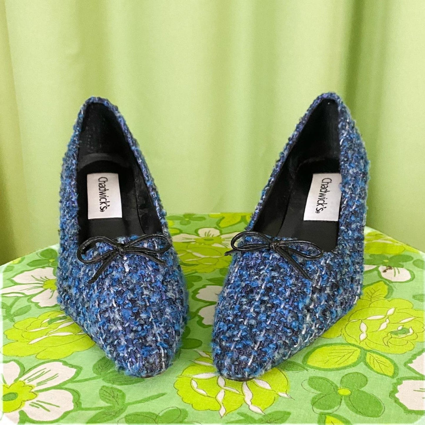 90s Vintage Blue and Purple Woven Tweed Style Pointed Toe Kitten Heel Pumps