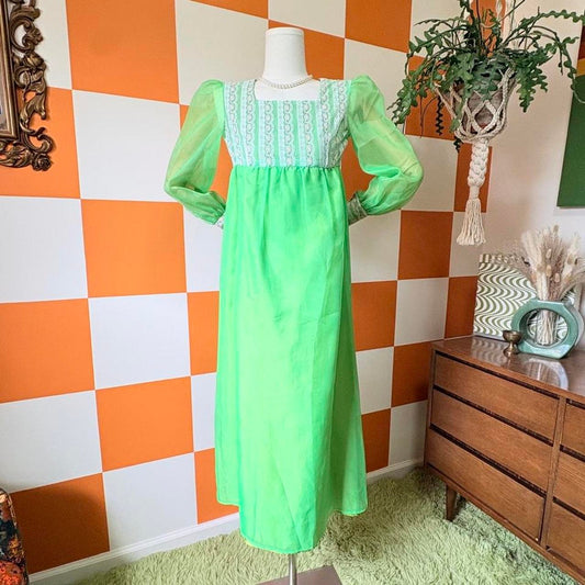 60s Vintage Bright Green Lace Balloon Sleeve Empire Waist Gown