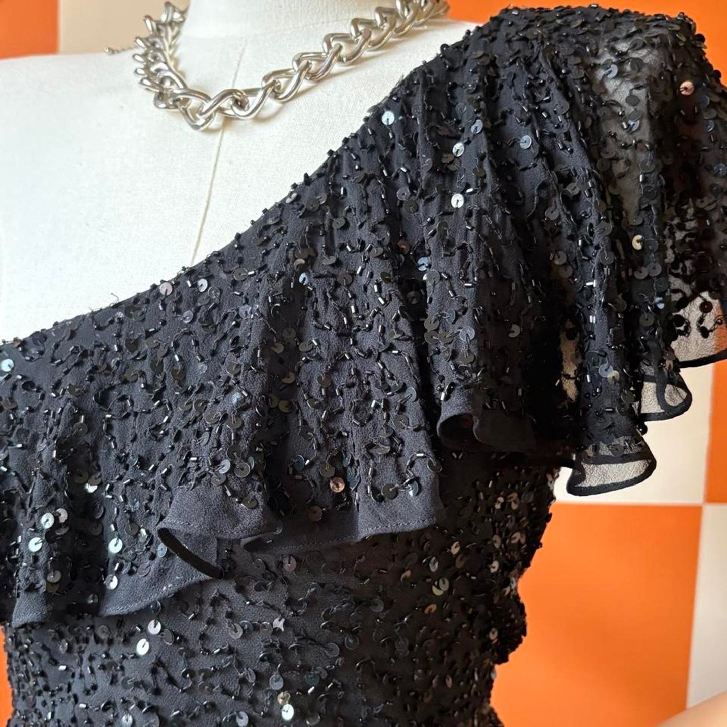 Y2K Vintage Black Beaded Sequin Asymmetrical Flutter Sleeve Silk Blouse