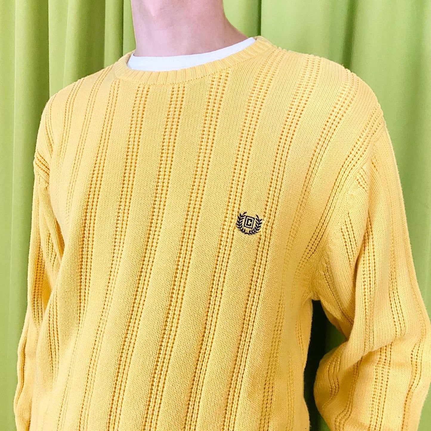 90s Vintage Yellow Knitted Sweater with Embroidered Logo