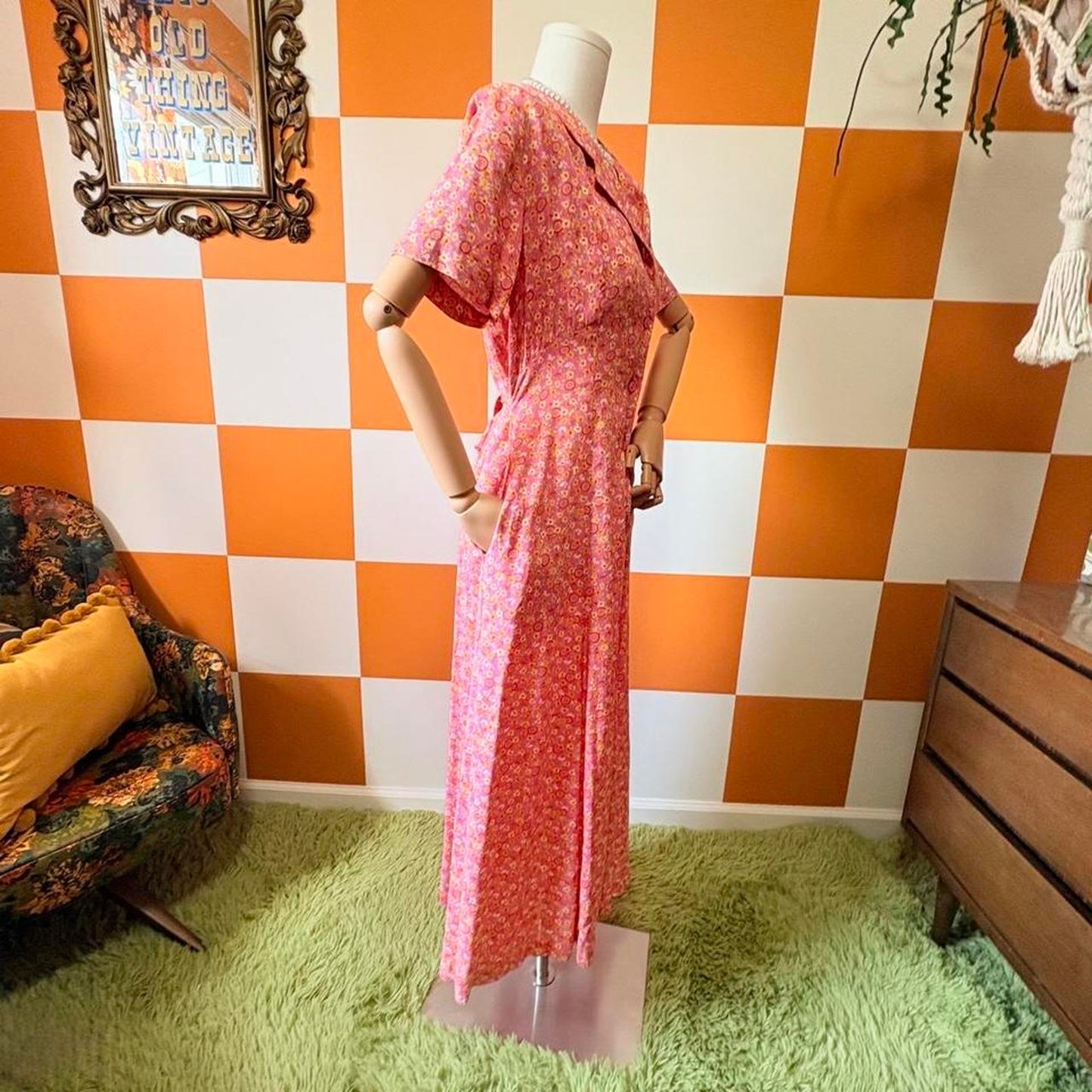 90s Vintage Hot Pink and Yellow Floral Daisy Print Maxi Shirt Dress