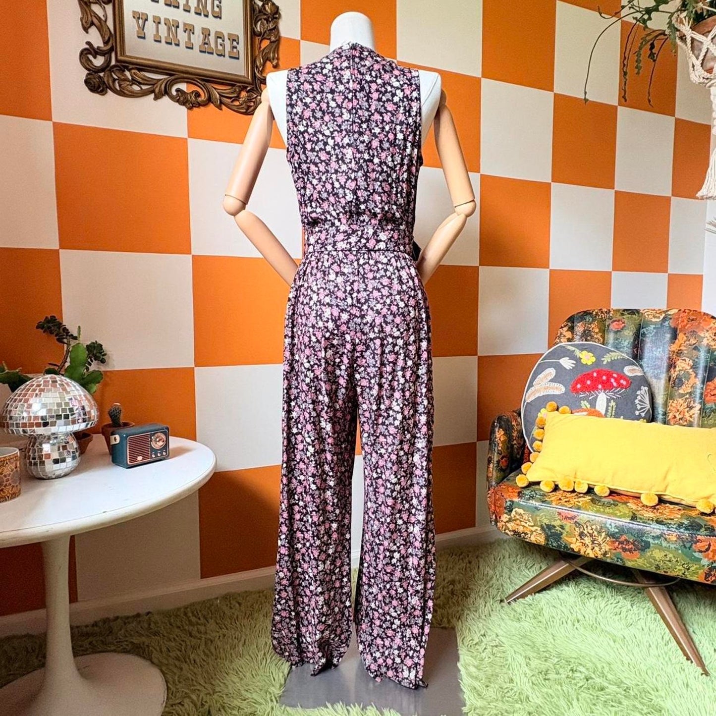 90s Vintage Pink and Black Floral Print Jumpsuit with Belt
