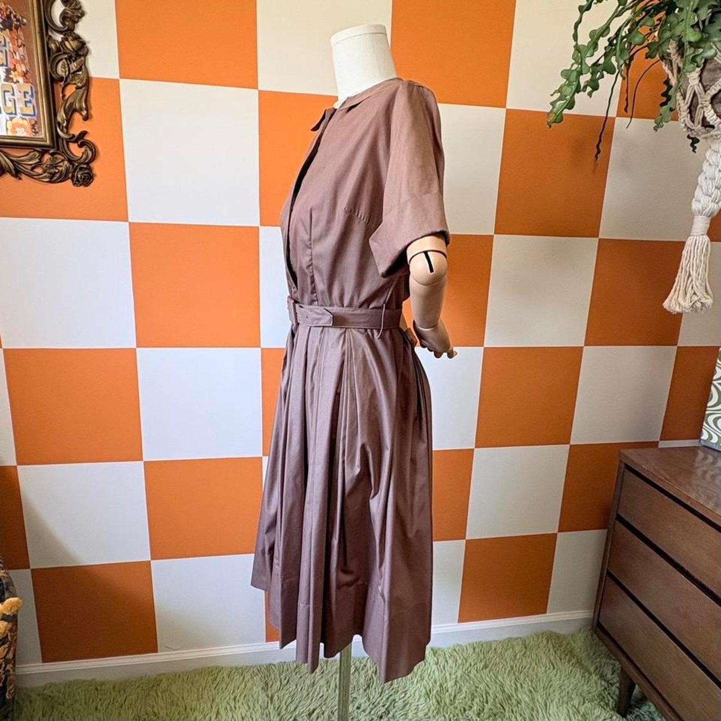 60s Vintage Chocolate Brown A Line Pleated Fit and Flare Midi Shirt Dress