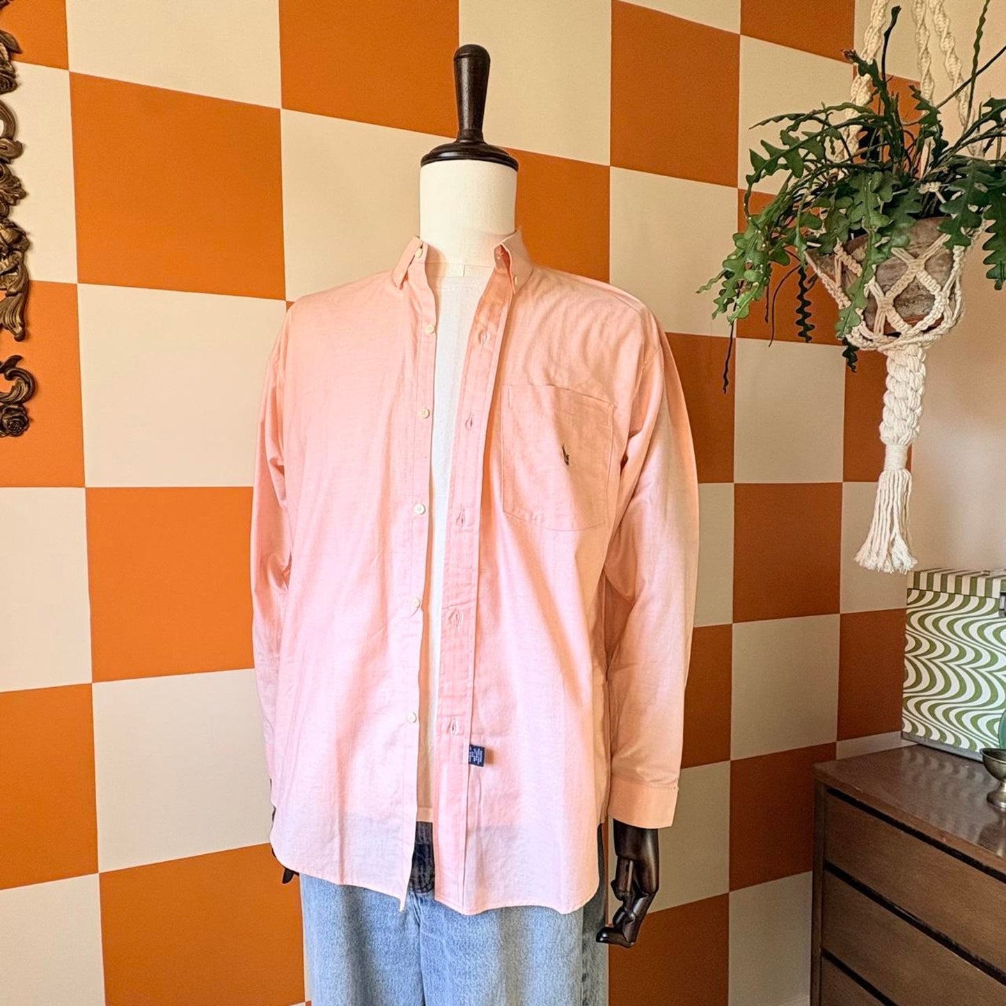80s Vintage Pastel Peach Salmon Cotton Ralph Lauren Button Down Shirt