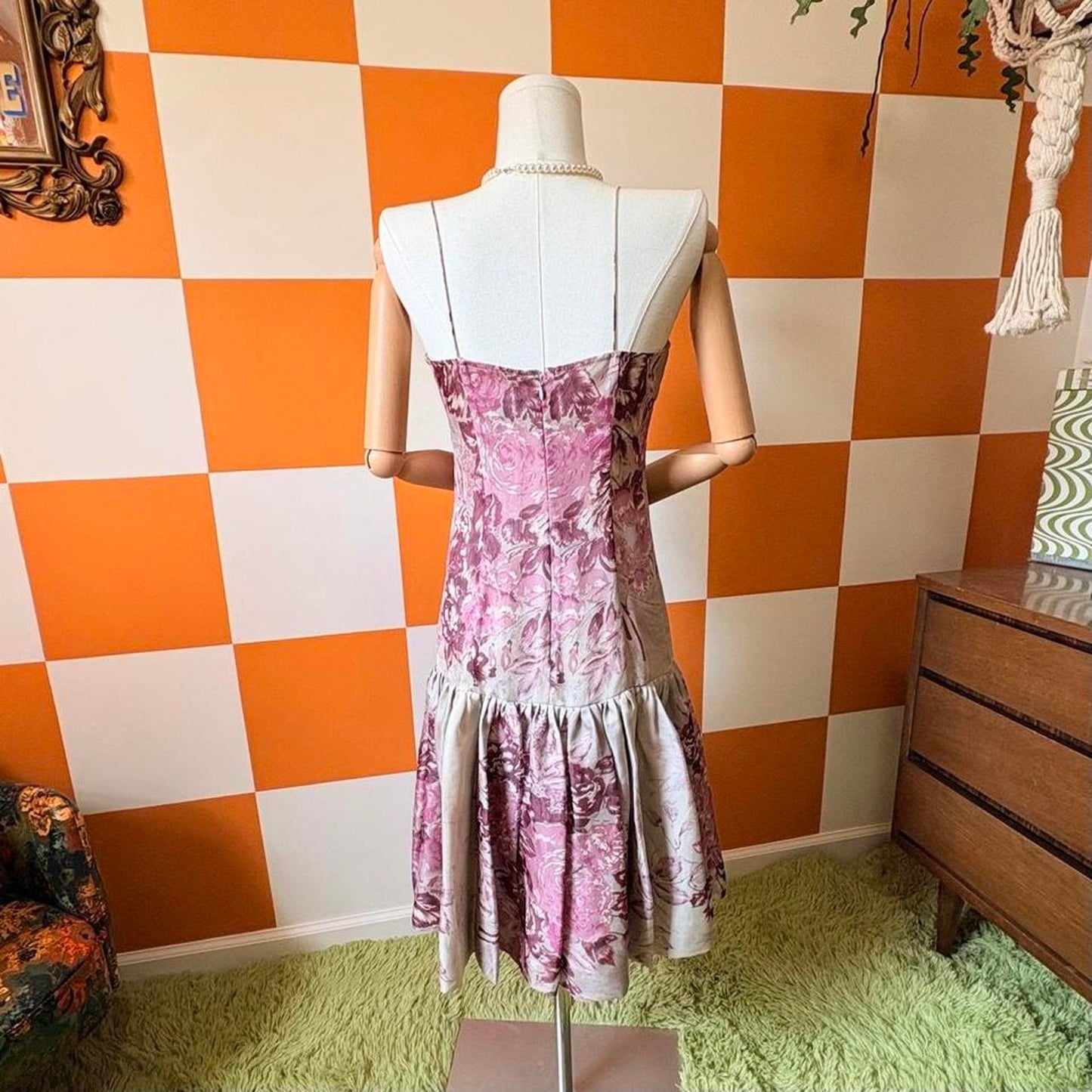 Y2K Vintage Pink and Beige Floral Print 100% Silk Drop Waist Mini Dress
