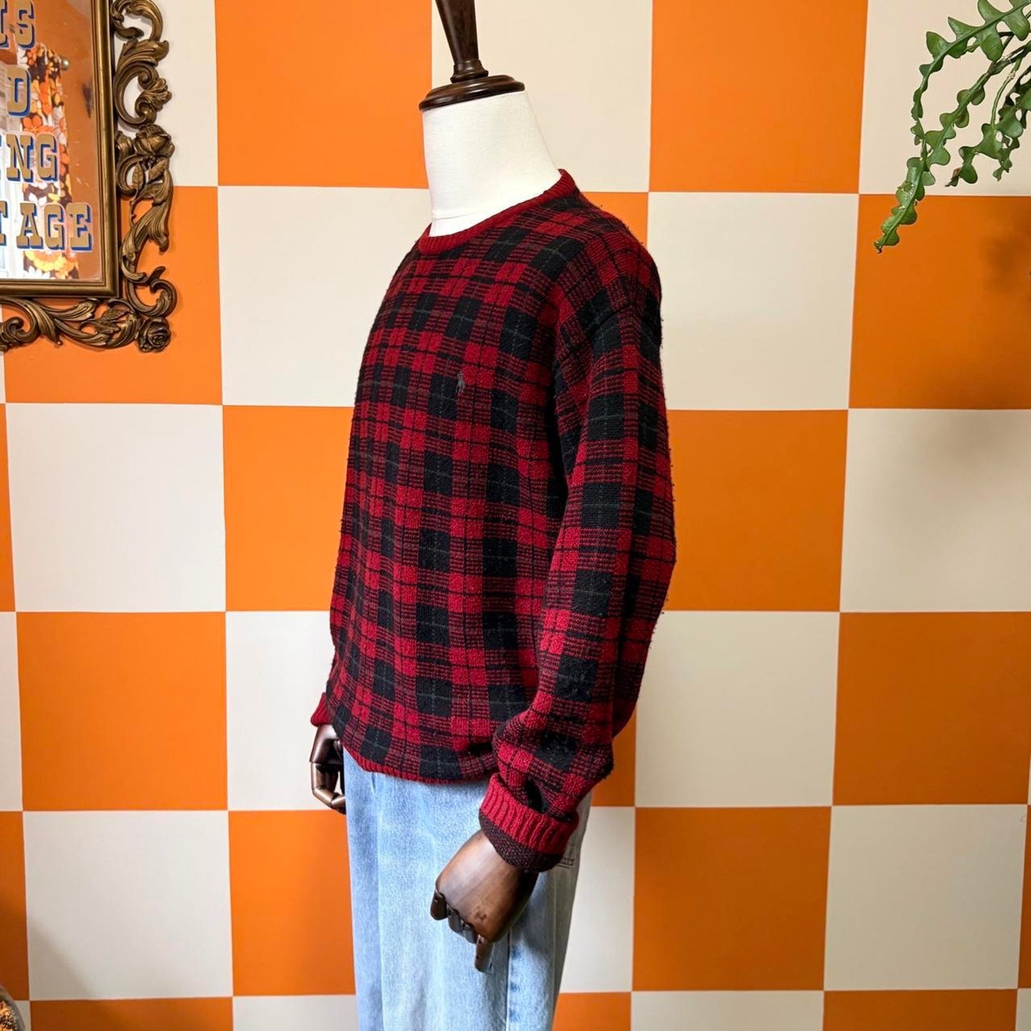 90s Vintage Red and Black Plaid 100% Wool Crew Neck Sweater