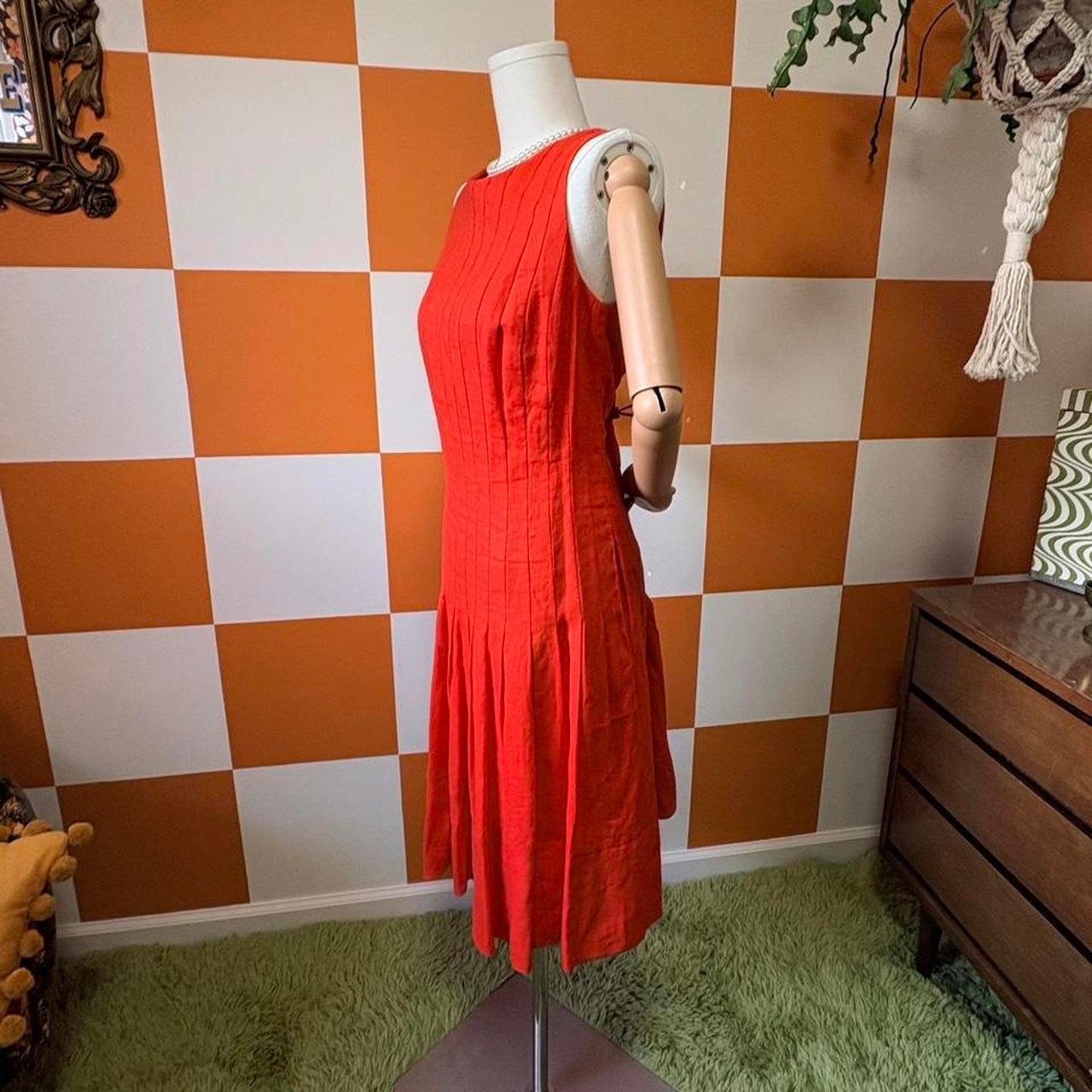 Y2K Vintage Scarlett Red Orange 100% Linen Drop Waist Ralph Lauren Dress