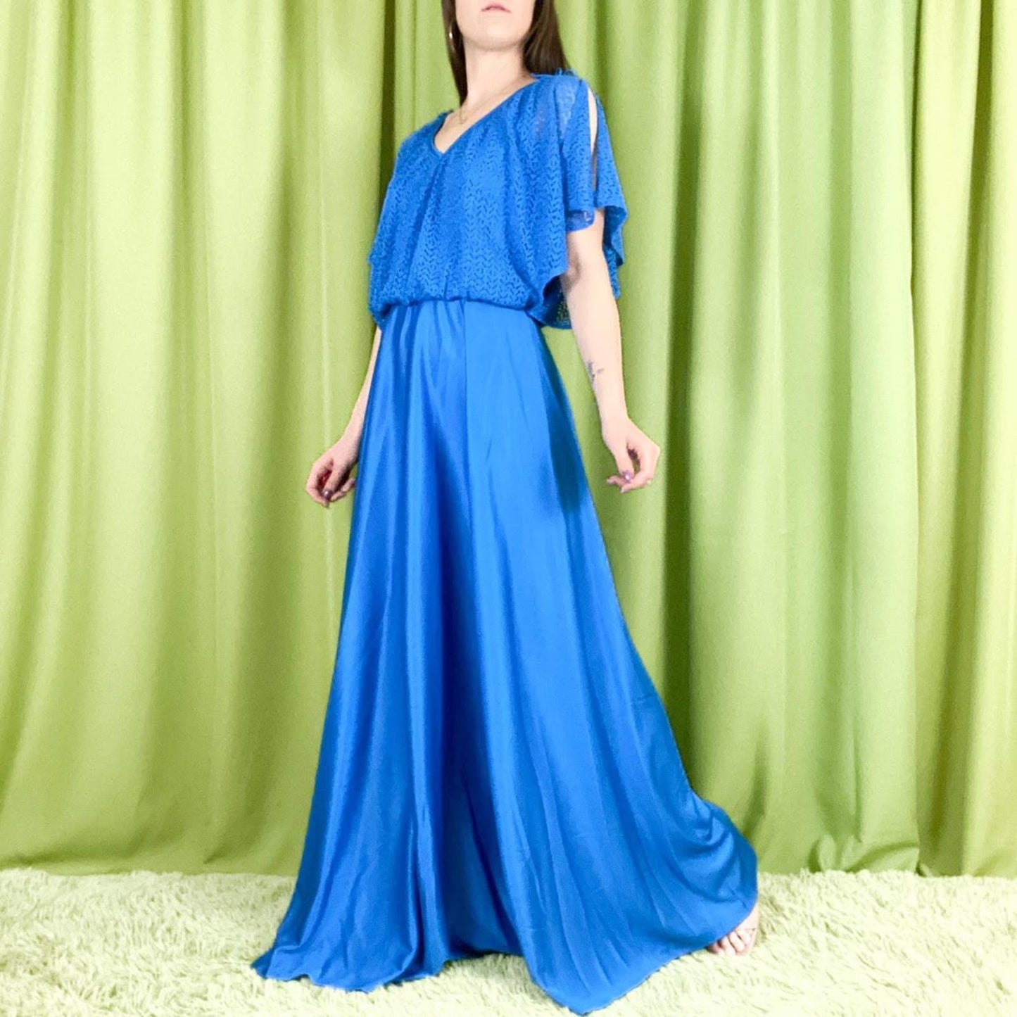 80s Vintage Royal Blue Crochet Top Bat Wing Sleeve Maxi Gown