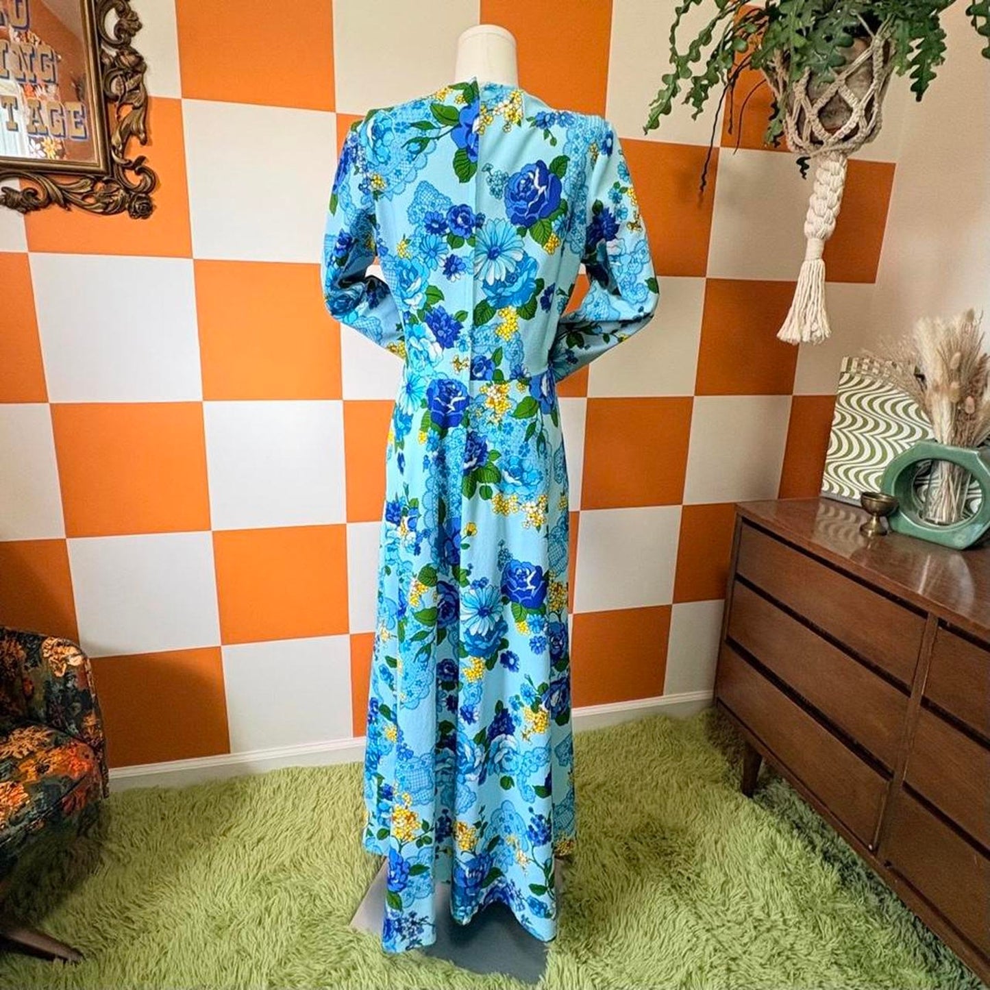 70s Vintage Blue and Yellow Flower Power Floral Print Long Sleeve Maxi Dress
