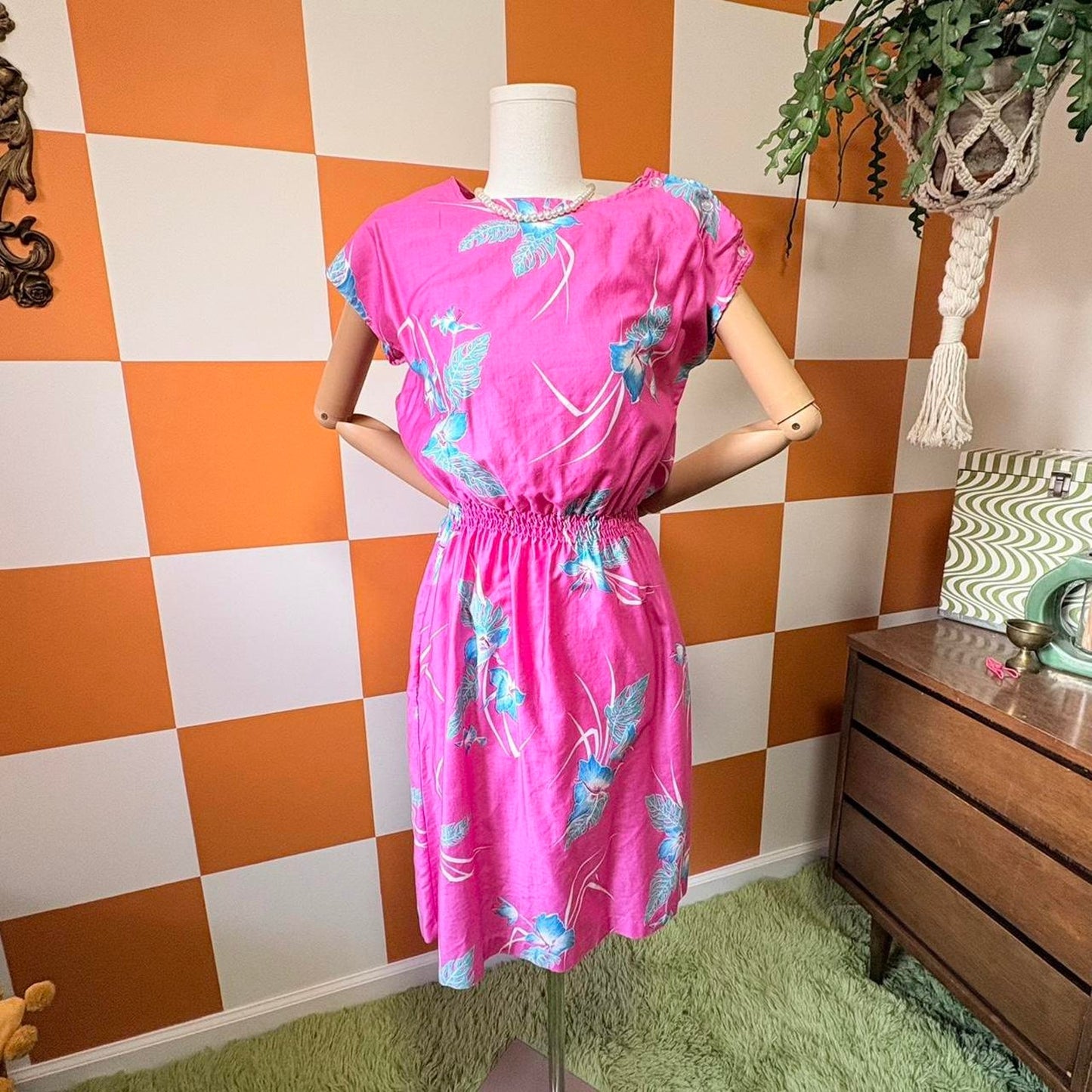 80s Vintage Hot Pink and Blue Floral Hawaiian Print Sundress