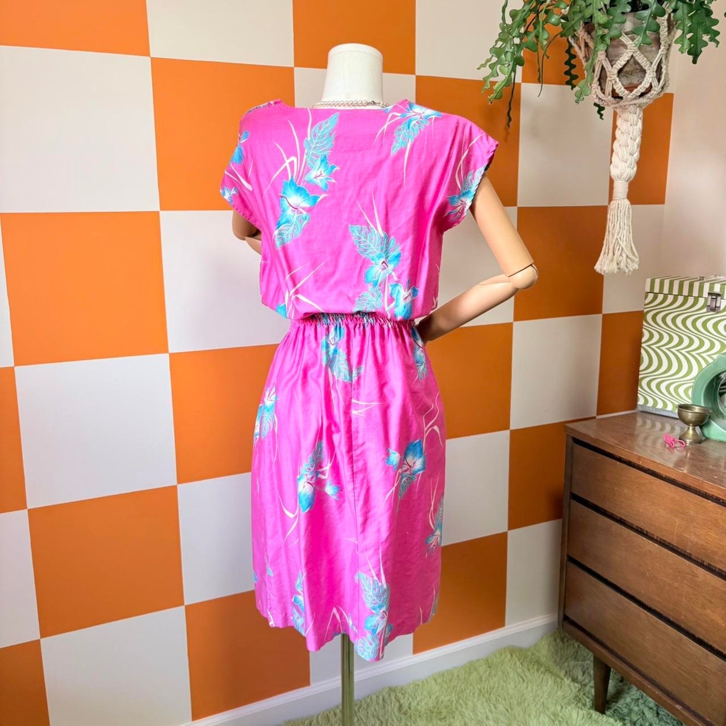 80s Vintage Hot Pink and Blue Floral Hawaiian Print Sundress