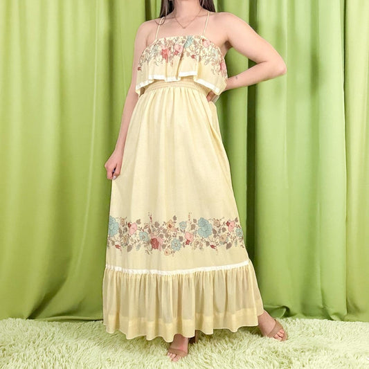 70s Vintage Cream Floral Print Vicky Vaughn Maxi Dress with Ruffle Trim