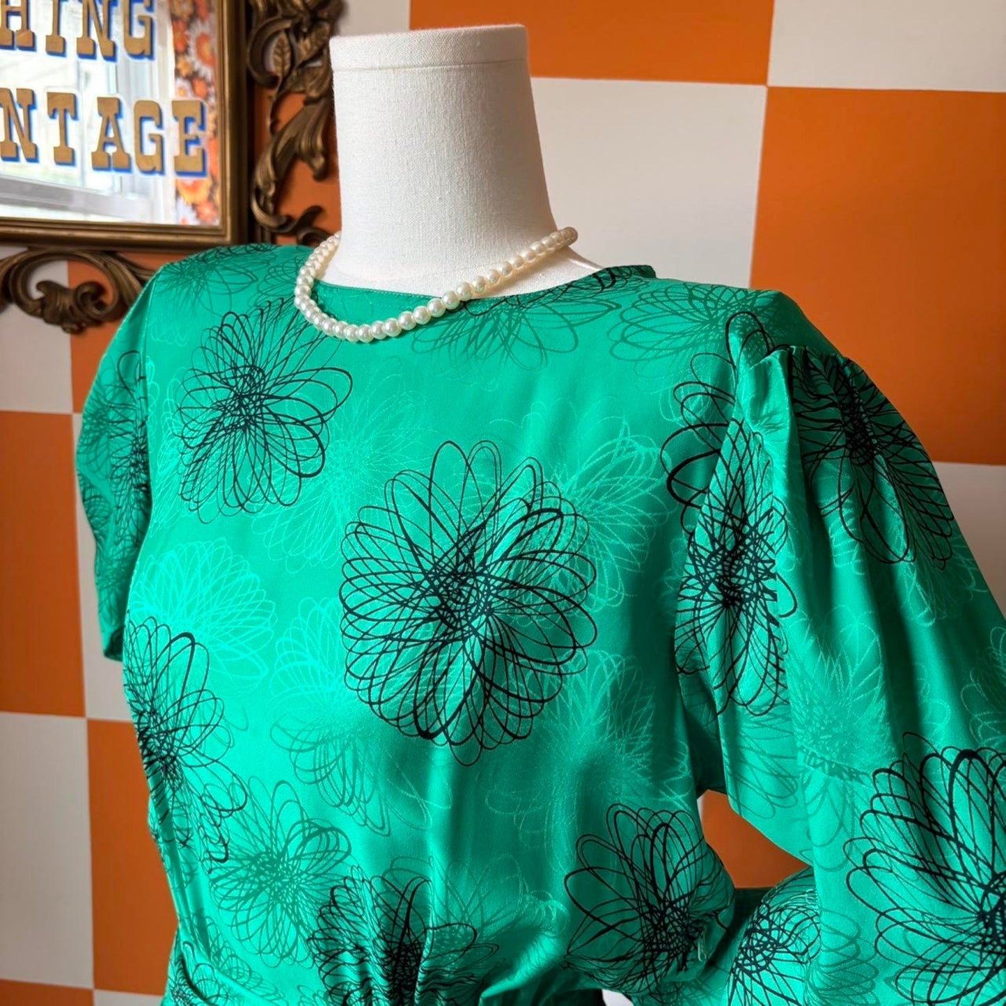 80s Vintage Kelly Green and Black Abstract Spiral Print Silk Peplum Dress