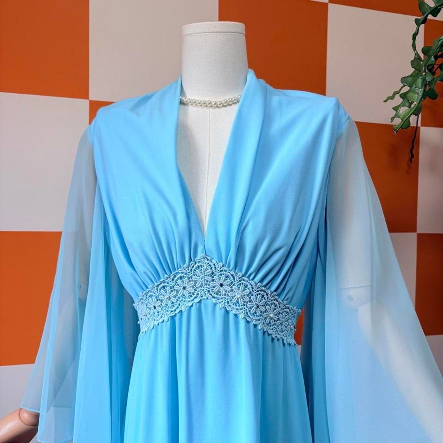 70s Vintage Blue V Neck Gown with Sheer Angel Wing Sleeves