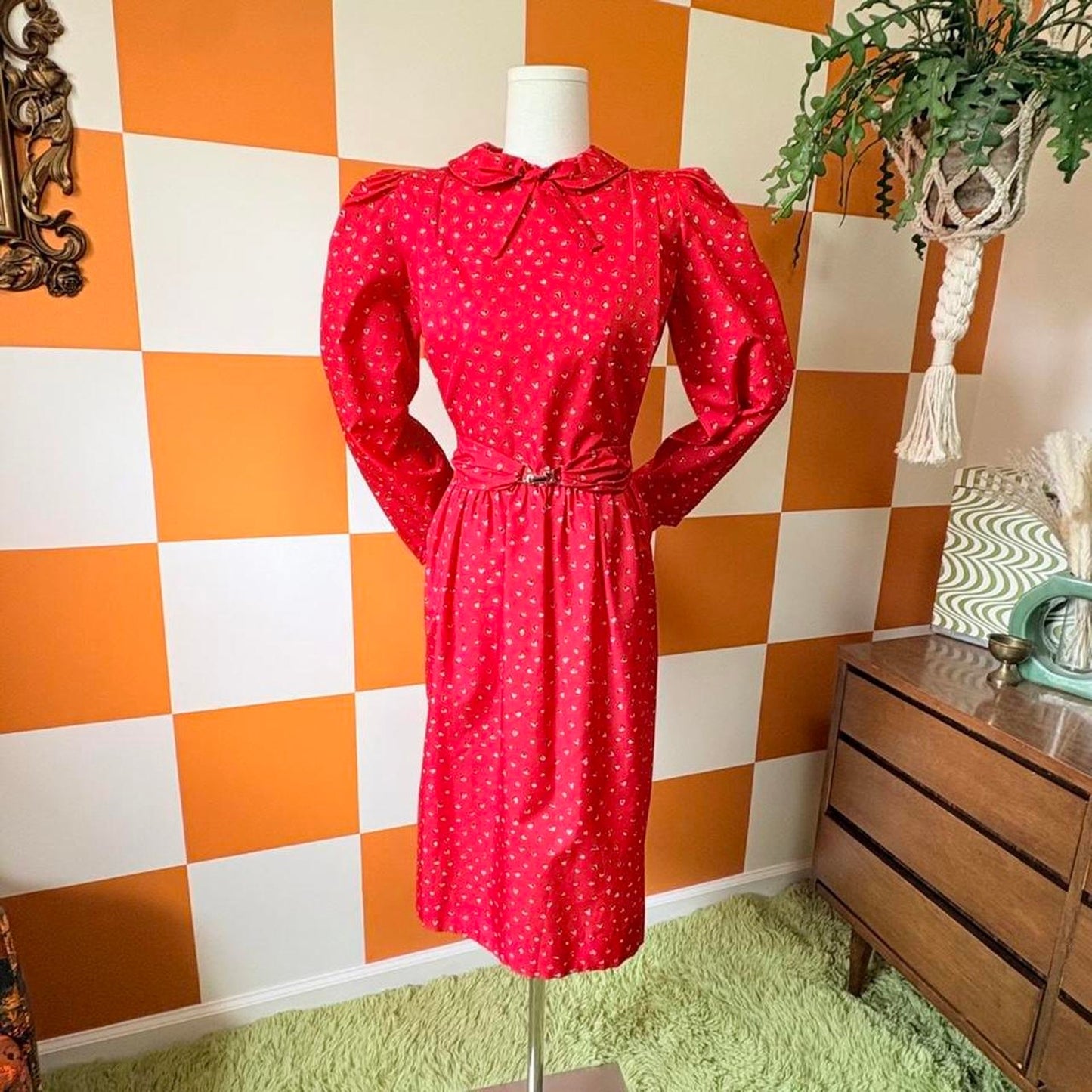 80s Vintage Red Geometric Print Peter Pan Pussybow Collar Midi Dress