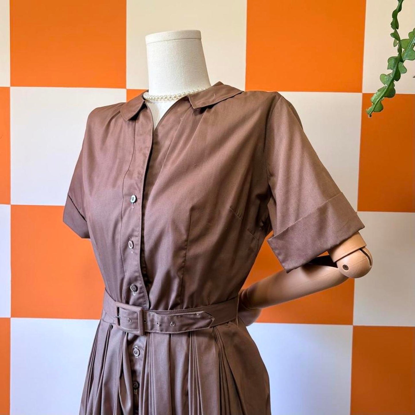60s Vintage Chocolate Brown A Line Pleated Fit and Flare Midi Shirt Dress
