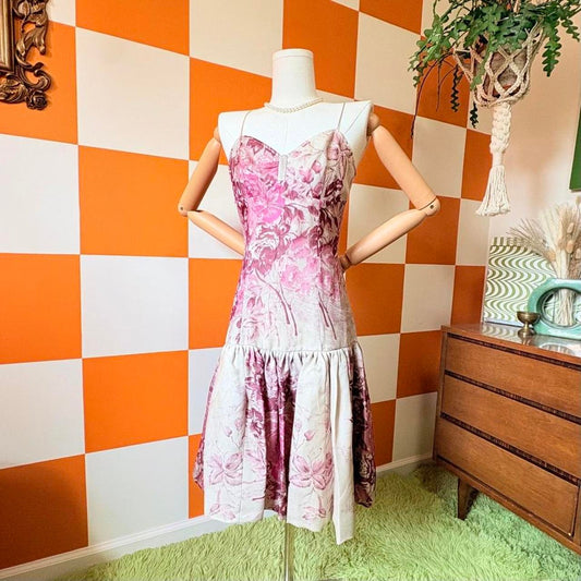 Y2K Vintage Pink and Beige Floral Print 100% Silk Drop Waist Mini Dress
