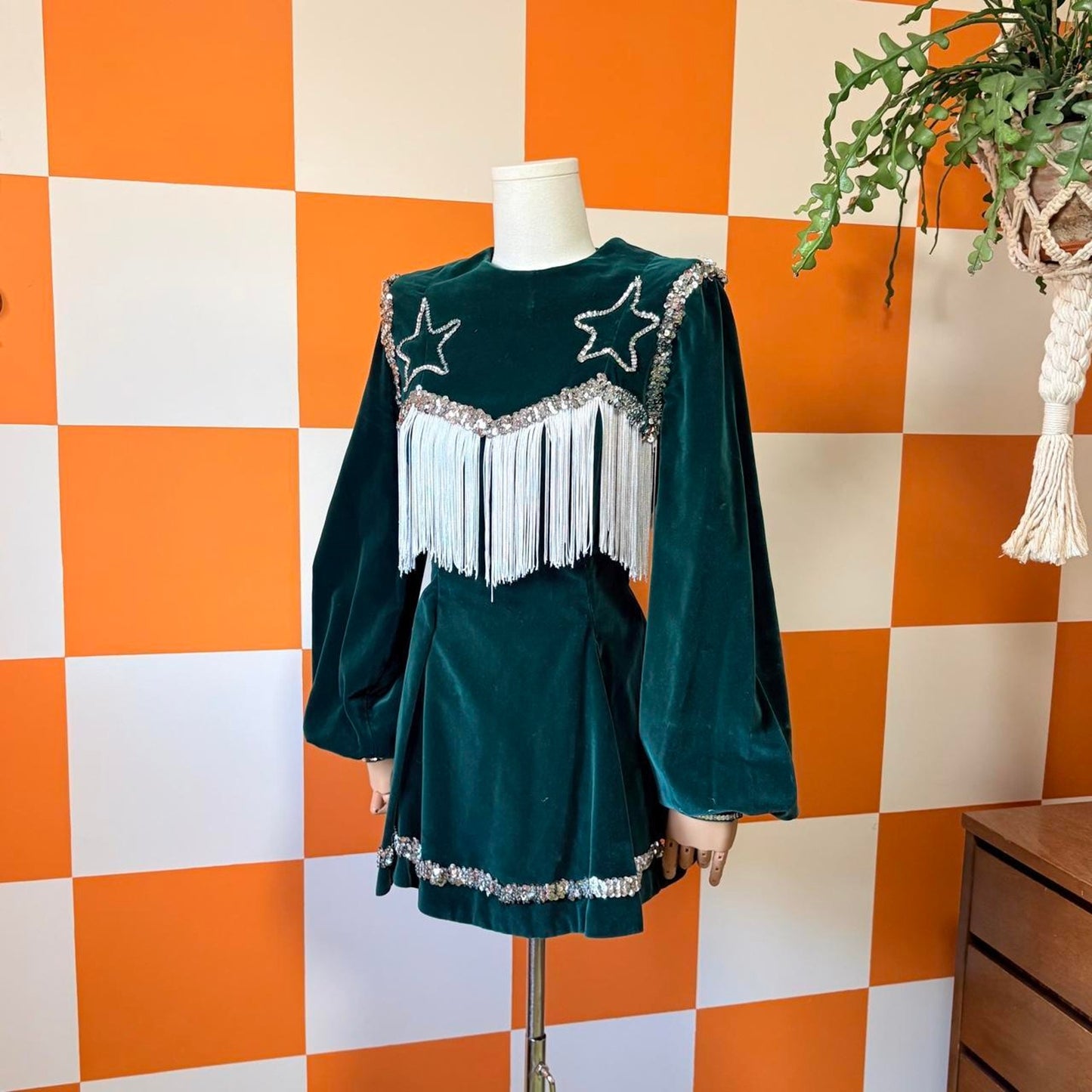 70s Vintage Emerald Green Velvet Balloon Sleeve Sequin Fringe Majorette Dress
