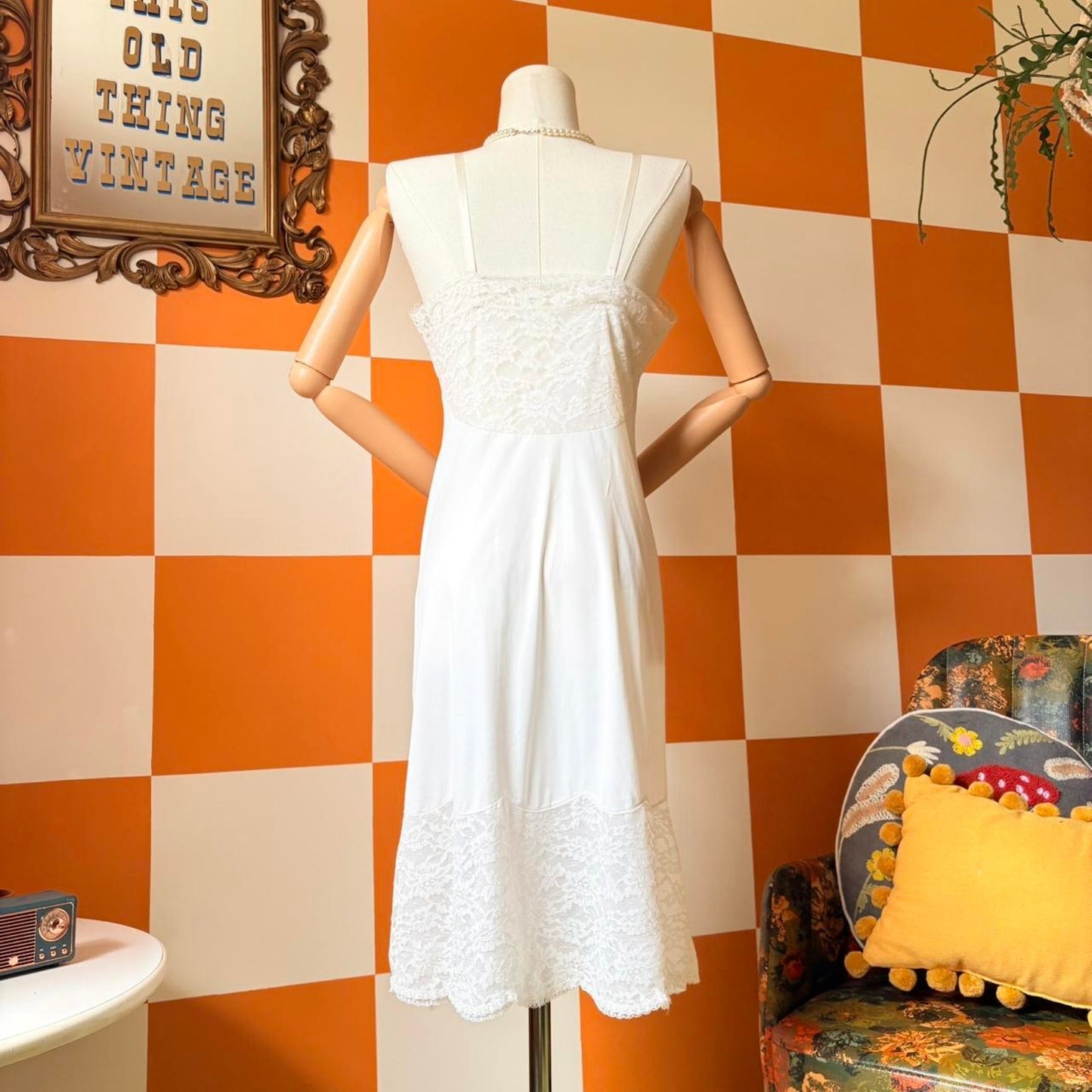 60s Vintage White Lace Nylon Midi Slip Dress