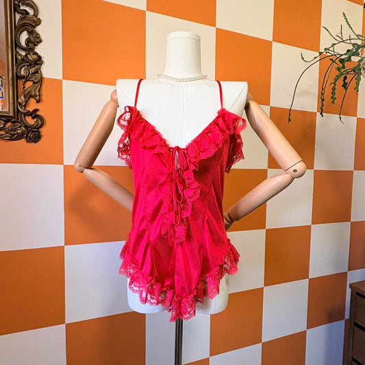 80s Vintage Lace Ruffled See Through Red Camisole