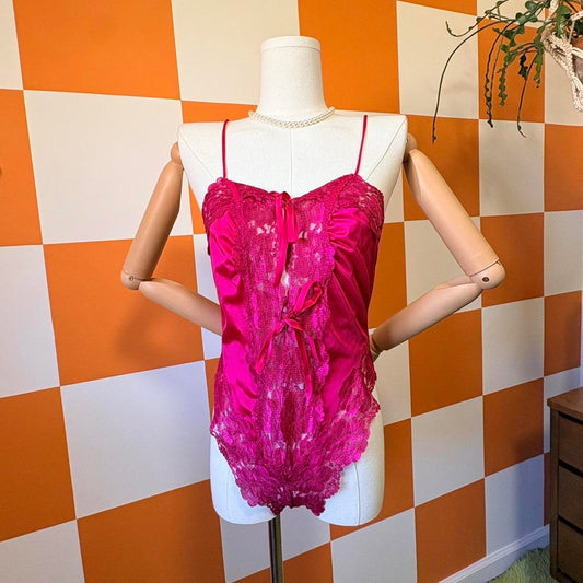 80s Vintage Hot Pink Nylon Lace Tie Front Teddy