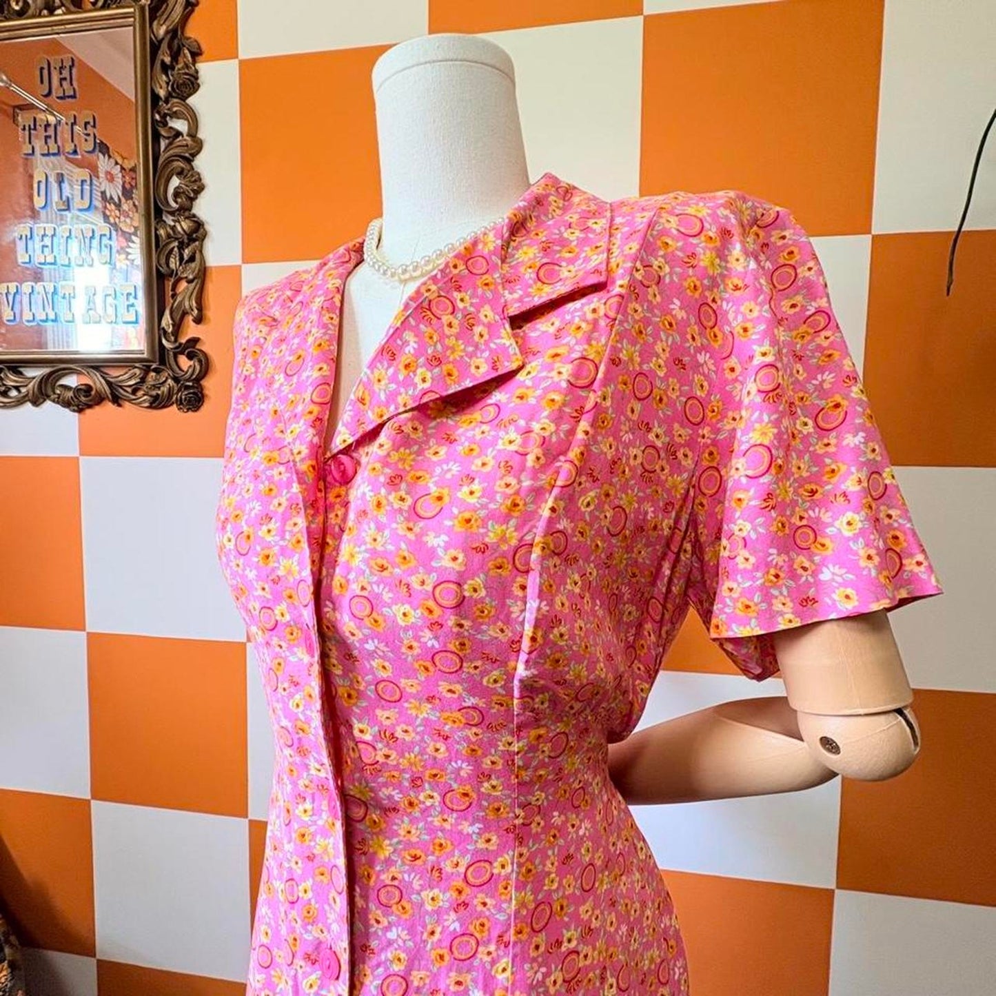 90s Vintage Hot Pink and Yellow Floral Daisy Print Maxi Shirt Dress