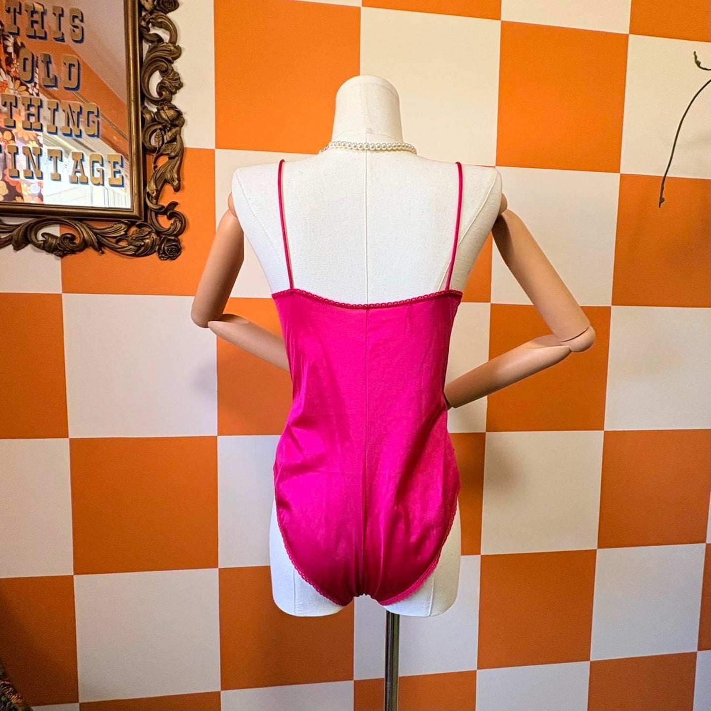 80s Vintage Hot Pink Nylon Lace Tie Front Teddy