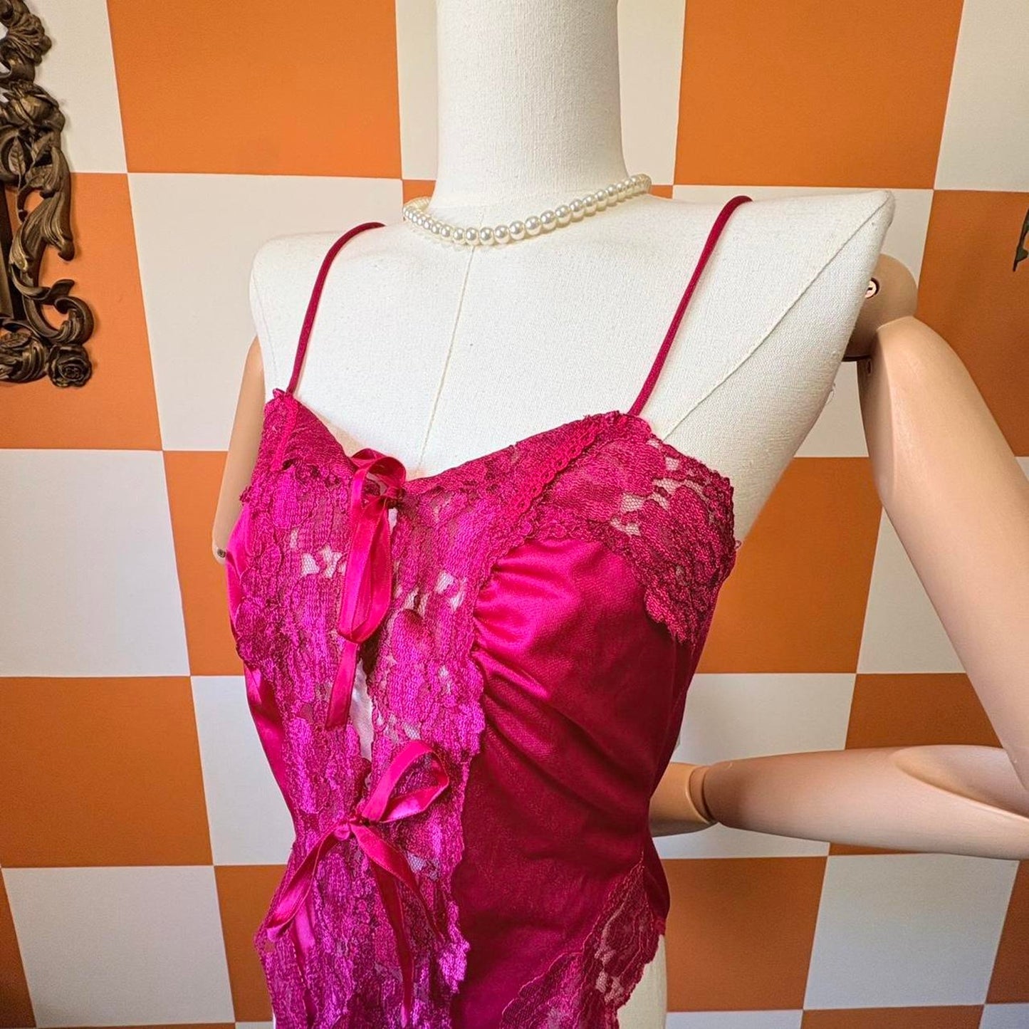 80s Vintage Hot Pink Nylon Lace Tie Front Teddy