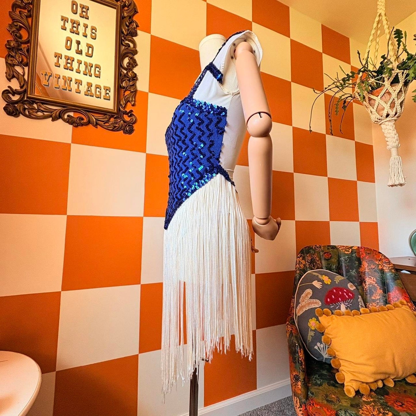 80s Vintage Blue and White Sequin and Fringe Showgirl Costume