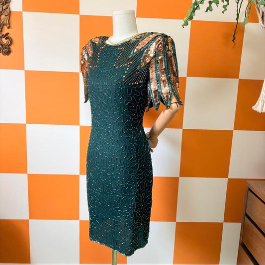 80s Vintage Emerald Green and Gold Sequin Glass Beaded Silk Dress