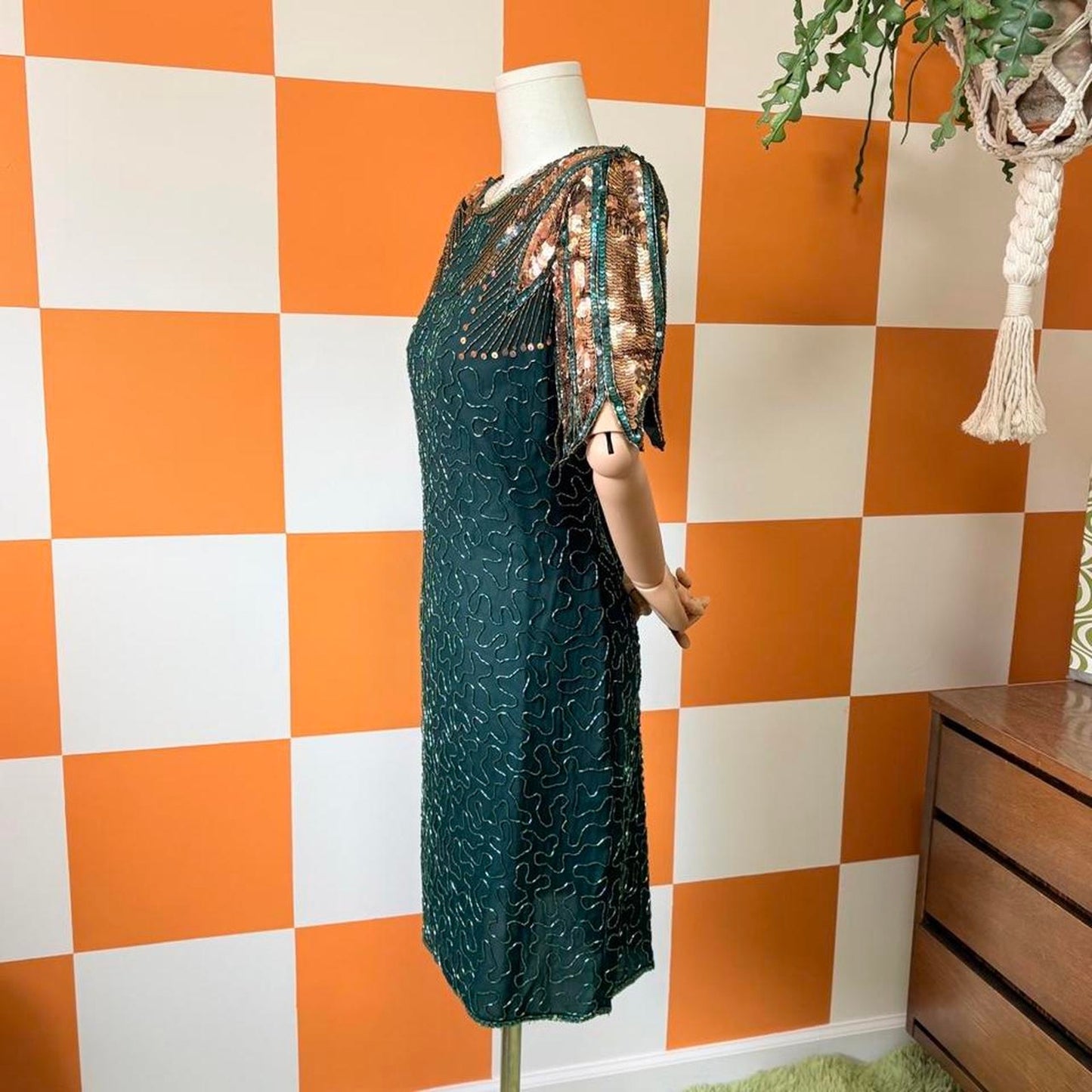 80s Vintage Emerald Green and Gold Sequin Glass Beaded Silk Dress